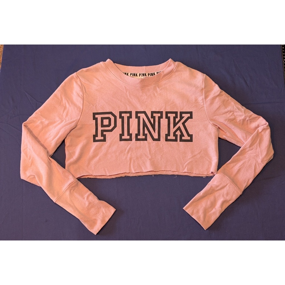 PINK Victoria's Secret Long Sleeve Cropped Sweatshirt Pink‎ XS Thumbholes Logo